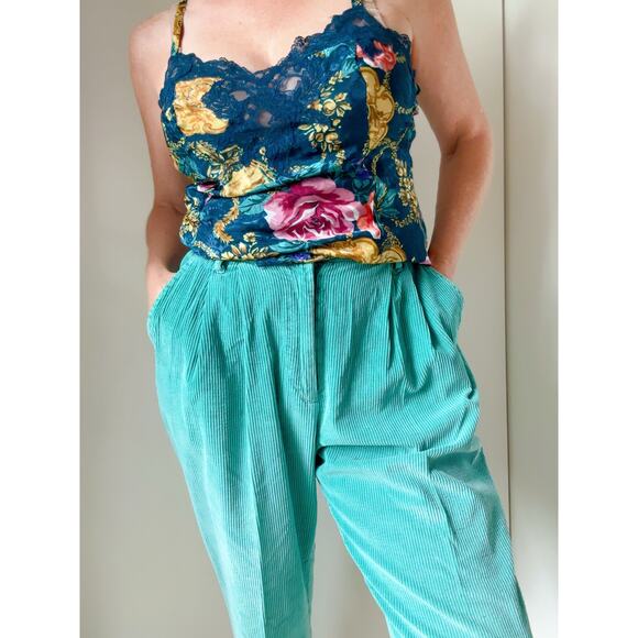 Vintage Women's Corduroy Trousers Seafoam Green Widewale High Rise Pleat SZ 28 - Picture 8 of 9